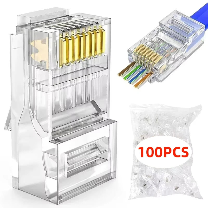 100pcs RJ45 Connector CAT6 Pass Through Connectors Crystal End Gold-Plated 8P8C Crimp UTP Standard Ethernet Network Modular Plug