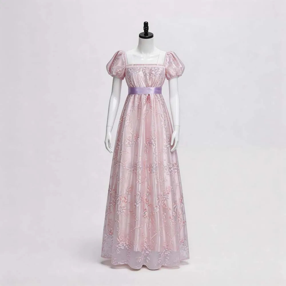 European Vintage Regency Tea Dress Square Neck Puff Short Sleeve Floral Embossed Long Imperial Cosplay Gown With  Waist Belt