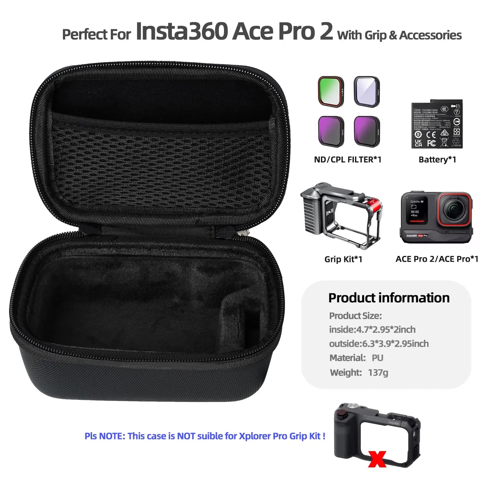 Case for Insta360 Ace Pro/Ace Pro 2, Waterproof & Shockproof,Dedicated Battery Compartment &Durable Black Protective Storage Box