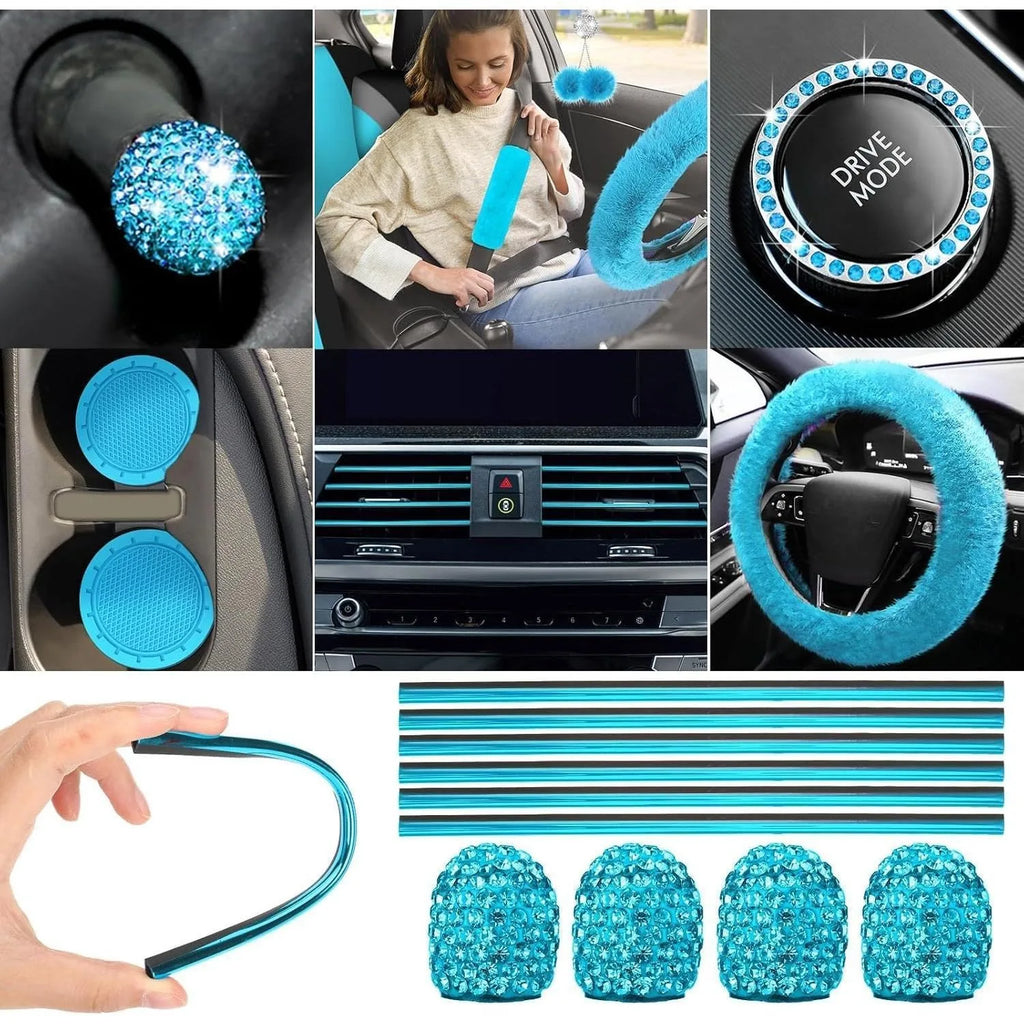 Fluffy Cute Women Car Accessories Set 45pcs Blue Steering Wheel Cover Seat Belt Handbrake Gear Shift Covers Great Gift