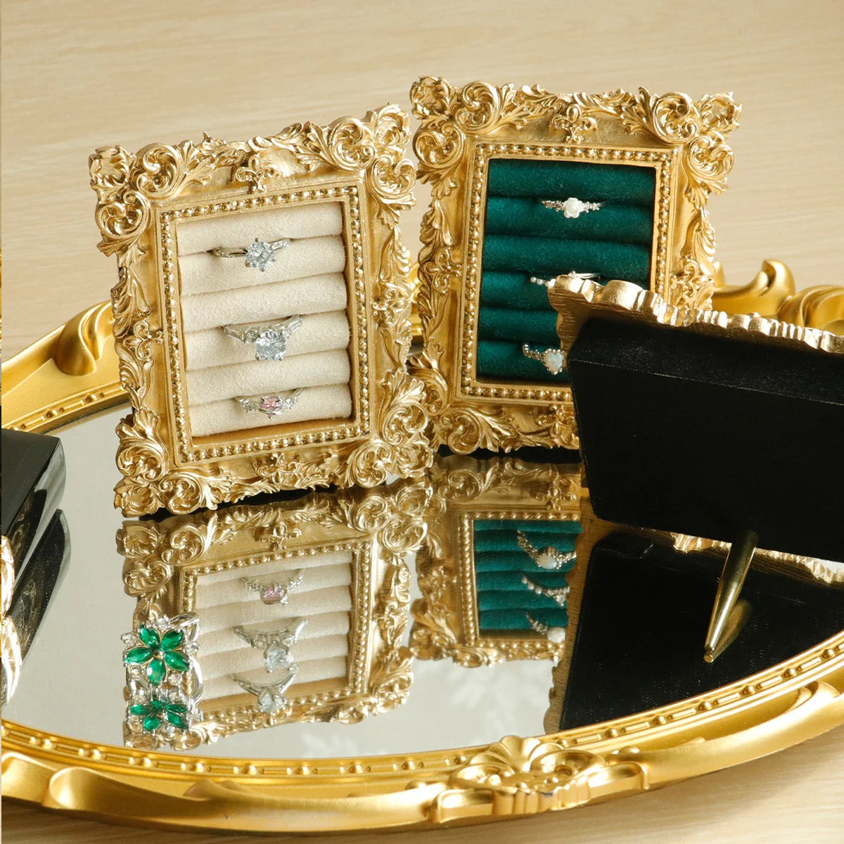 Vintage Gold Ring Display Stand,Suede Earring Tray Baroque Design,Wedding & Birthday Gifts, Velvet Organizer for Engagement Prop