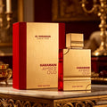 Al Haramain Amber Oud Ruby Edition, The red gold contrasting bottle body is as hot as a gemstone, and the sweet fragrance of berries and roses begins, light and long-lastin.g