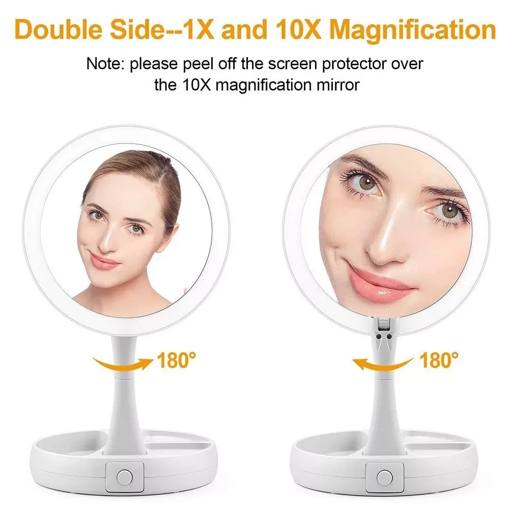 Double-Sided Travel LED Makeup Mirror with 10X Magnification Folding Portable Cosmetic Mirror with Lights Dual Powered Supply