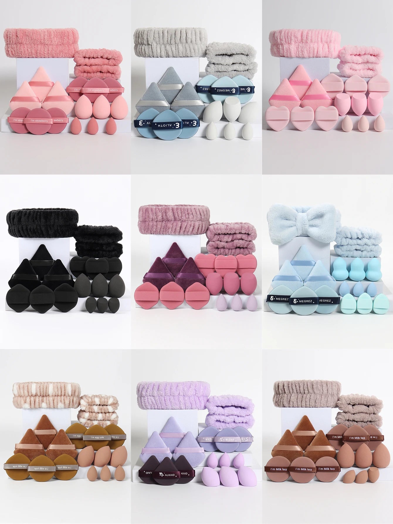 18 Piece Headband Set. 1 Hair Band & 2 Wrist Bands & 3 Make-Up Sponges & 3 Mini Square Air Cushions & 3 Triangular Powder Puff &