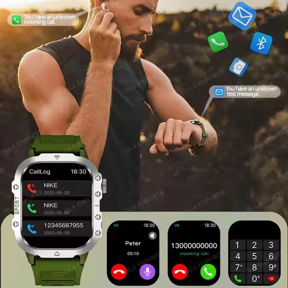 2026 New Military Outdoor Smart Watch Men's GPS Flashlight Bluetooth Call 2.01" AMOLED Screen 3ATM Waterproof Sports Smartwatch