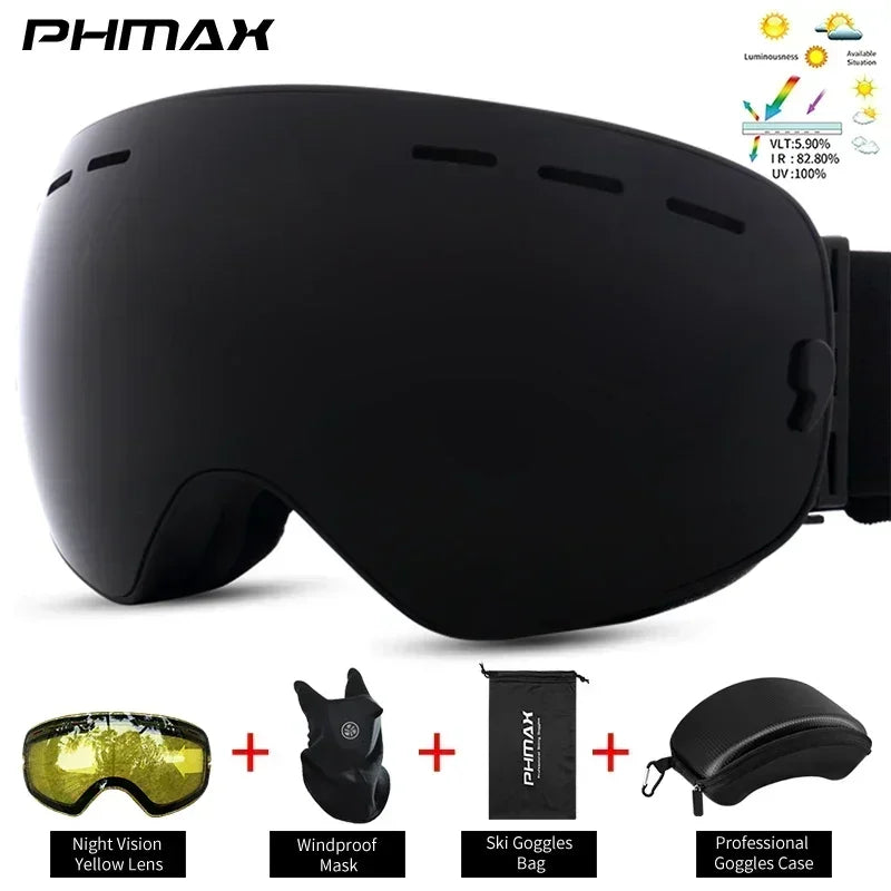PHMAX Ski/Snowboard Goggles for Men Women, OTG Snow Goggles Anti Fog UV Protection Red Double Layers Lens Wide Vision Winter