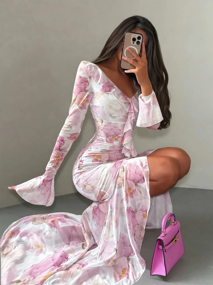 Women Chic V-neck Belte Slit Flower Print Maxi Dress Ruffle Trim High Chiffon Dresses 2026 Summer Fashion Party Vacation Robe