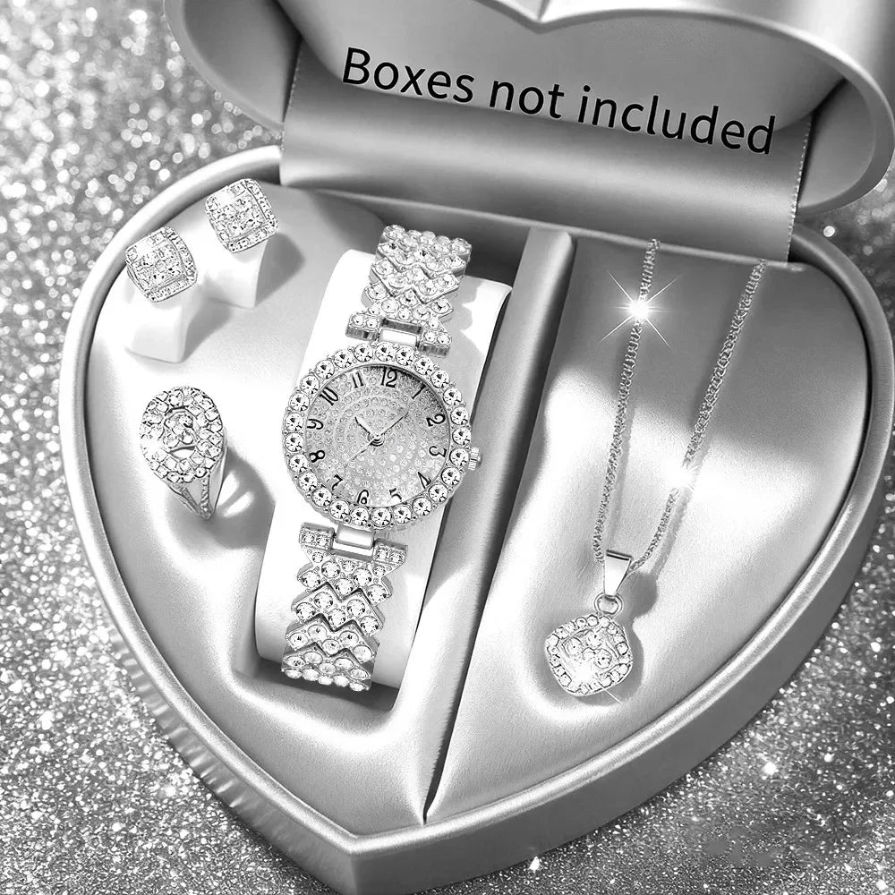 5PCS Elegant Women's Quartz Watch Rhinestone Jewelry Set Luxury Bracelet Strap Wristwatches for Girls Clock（Without Box）