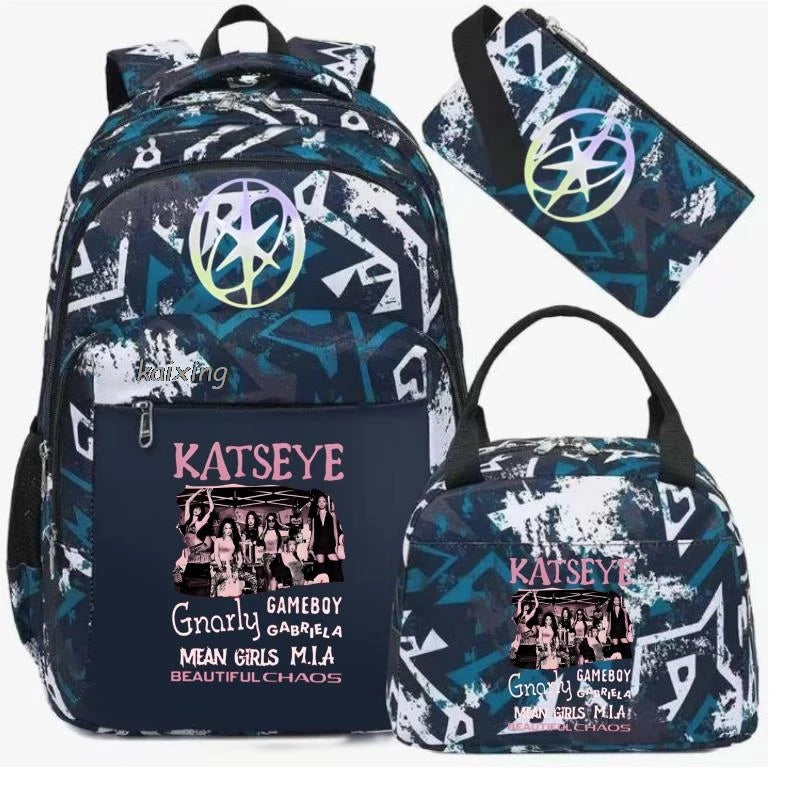 Hot Katseye Funny Print Backpacks WIth Lunch Bags Multi-pocket Camouflage Teens Travel Laptop Backpack Women School Bag Mochila