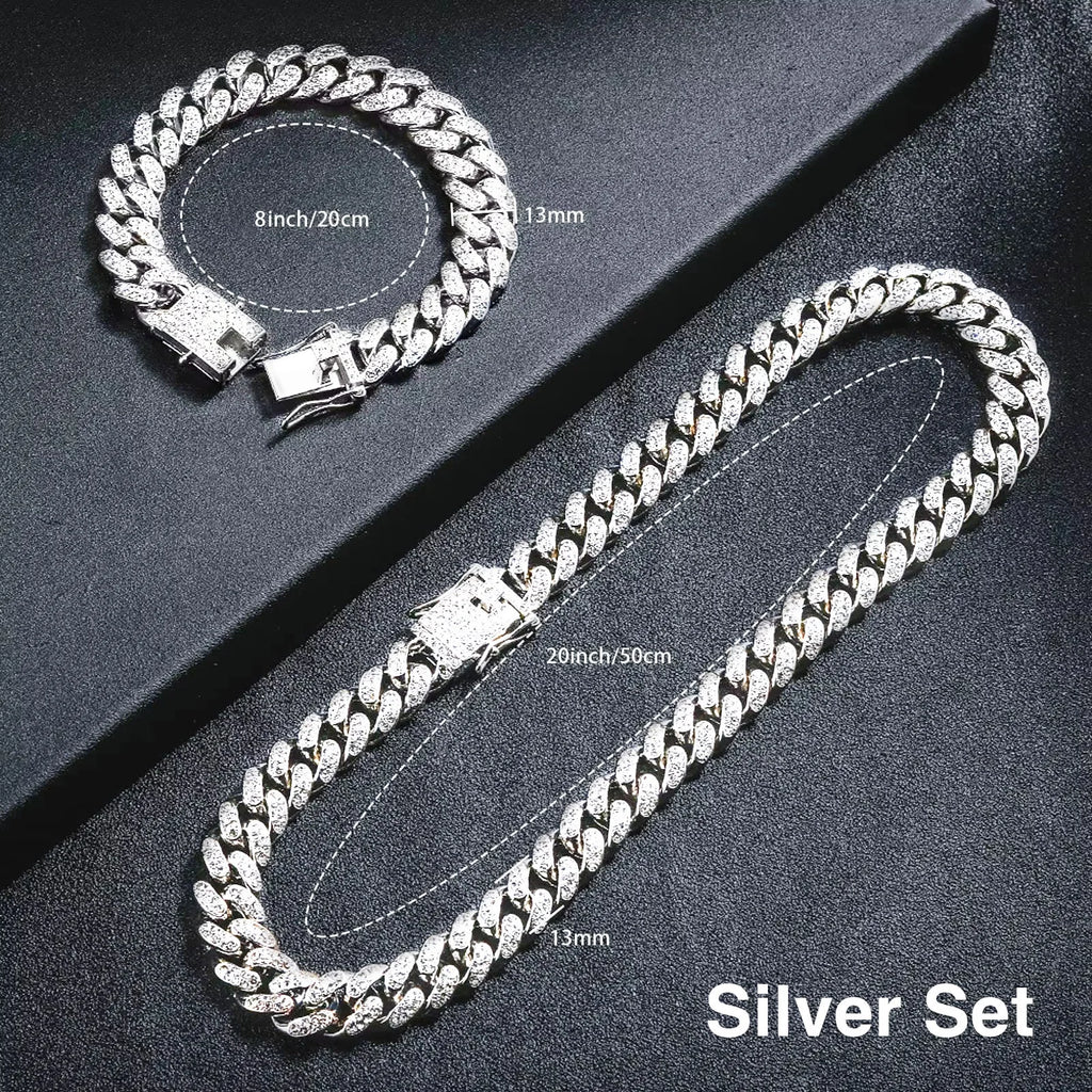 Purcolasia Golden Silver Color Hip Hop Cuban Necklace +Watch+Bracelet Iced Out Twisted Chain Jewelry Sets for Men
