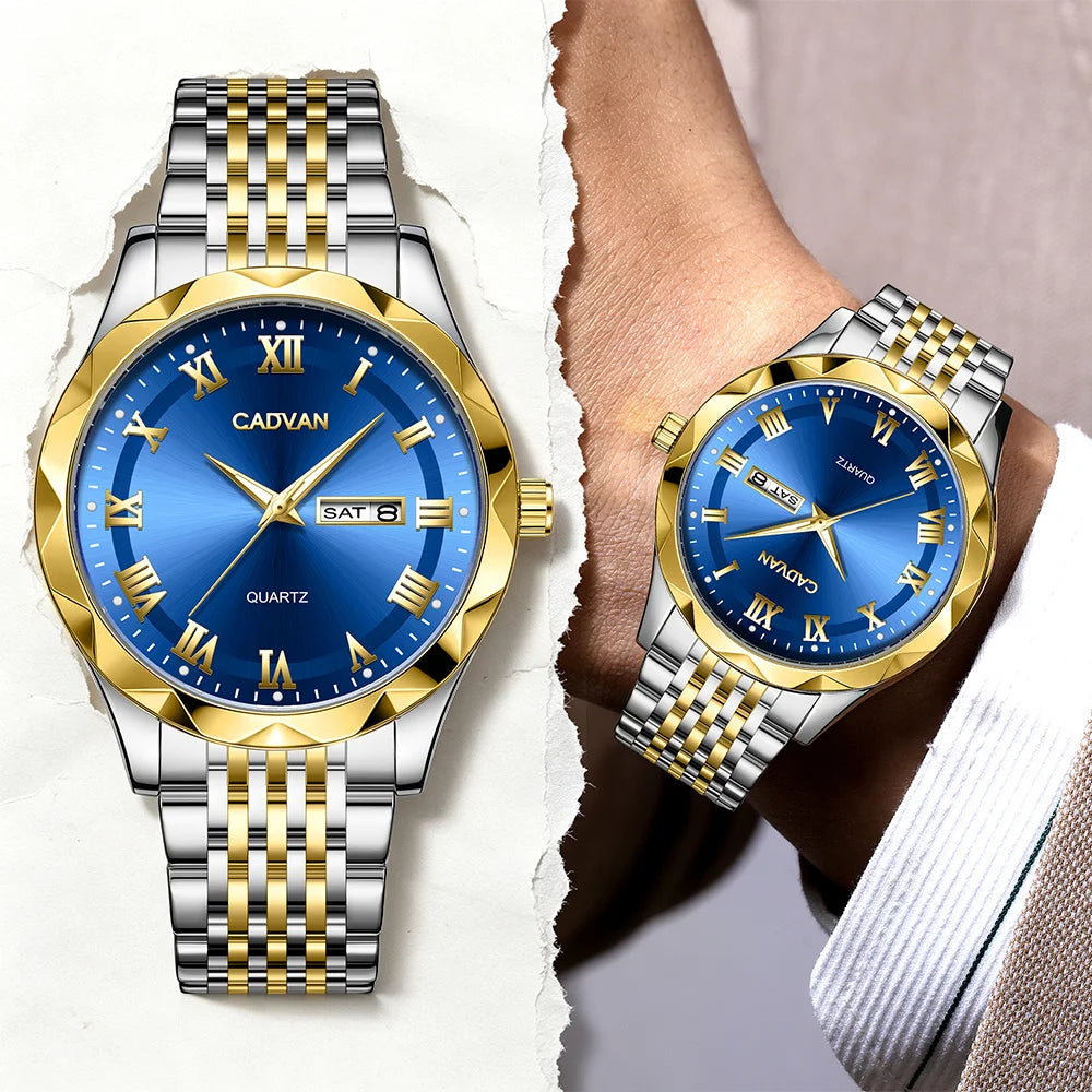 CADVAN Men's Luxury Steel Strap Calendar Watch with Stylish Stainless Steel Strap, Perfect Gift for Men's Watches - Boxed