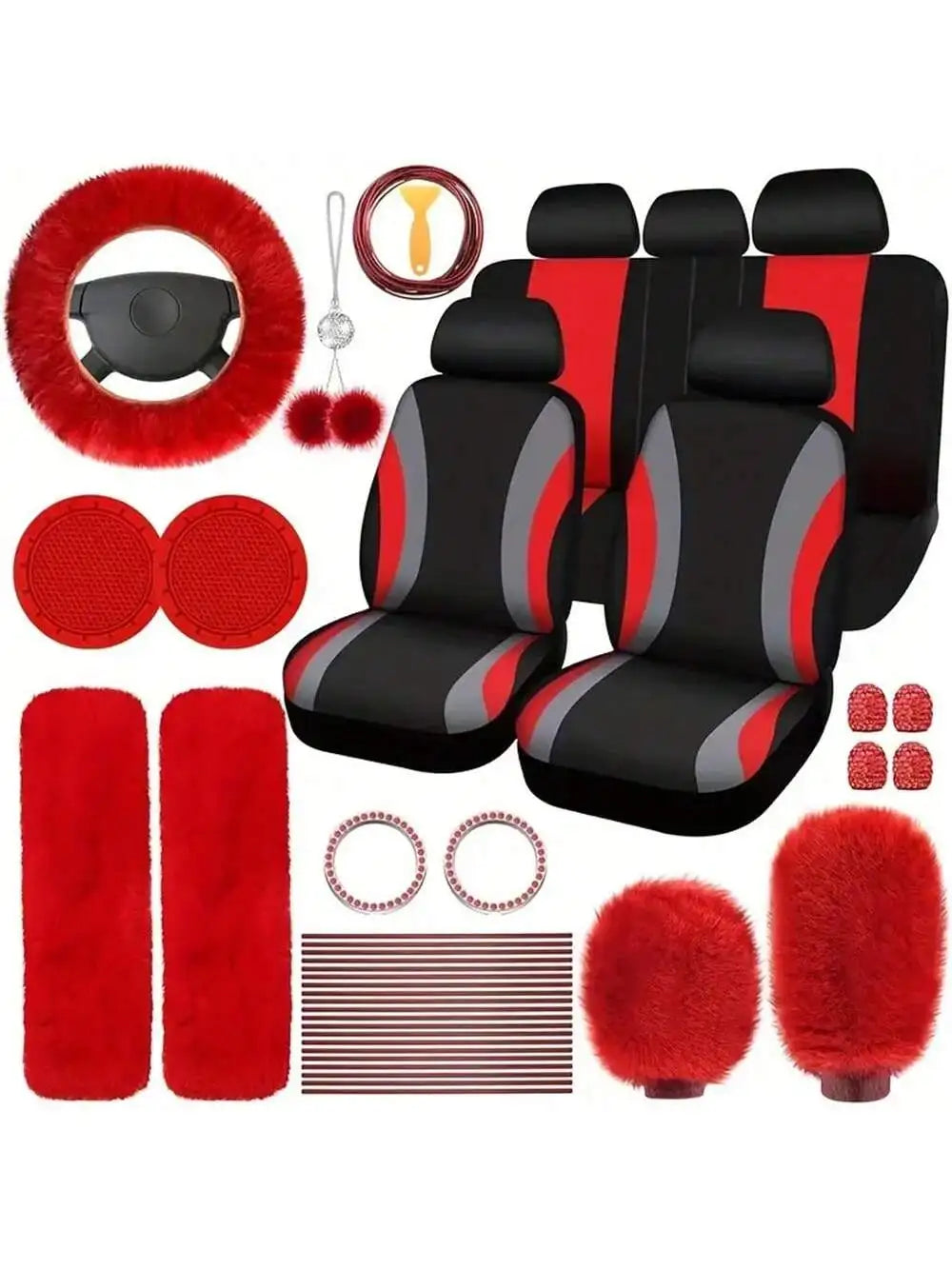 35-Piece Car Seat Cover Set With Steering Wheel Cover, Cup Holder Coasters, Shoulder Pads, And Accessories - Polyester Fabric Interior Decor Kit Without Filler,Purple