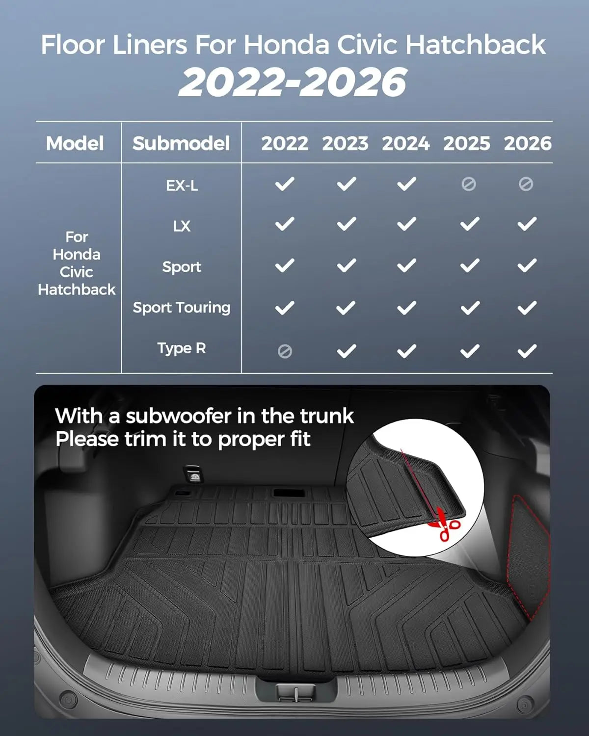 All-Weather TPE Floor and Trunk Mats for Hatchback Cars, Black, Full Set for Specific Years