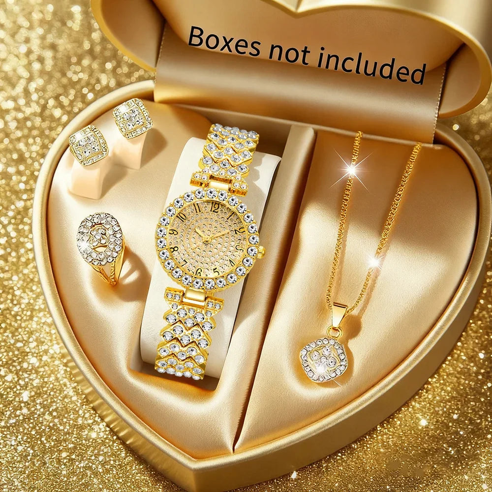 5PCS Elegant Women's Quartz Watch Rhinestone Jewelry Set Luxury Bracelet Strap Wristwatches for Girls Clock（Without Box）