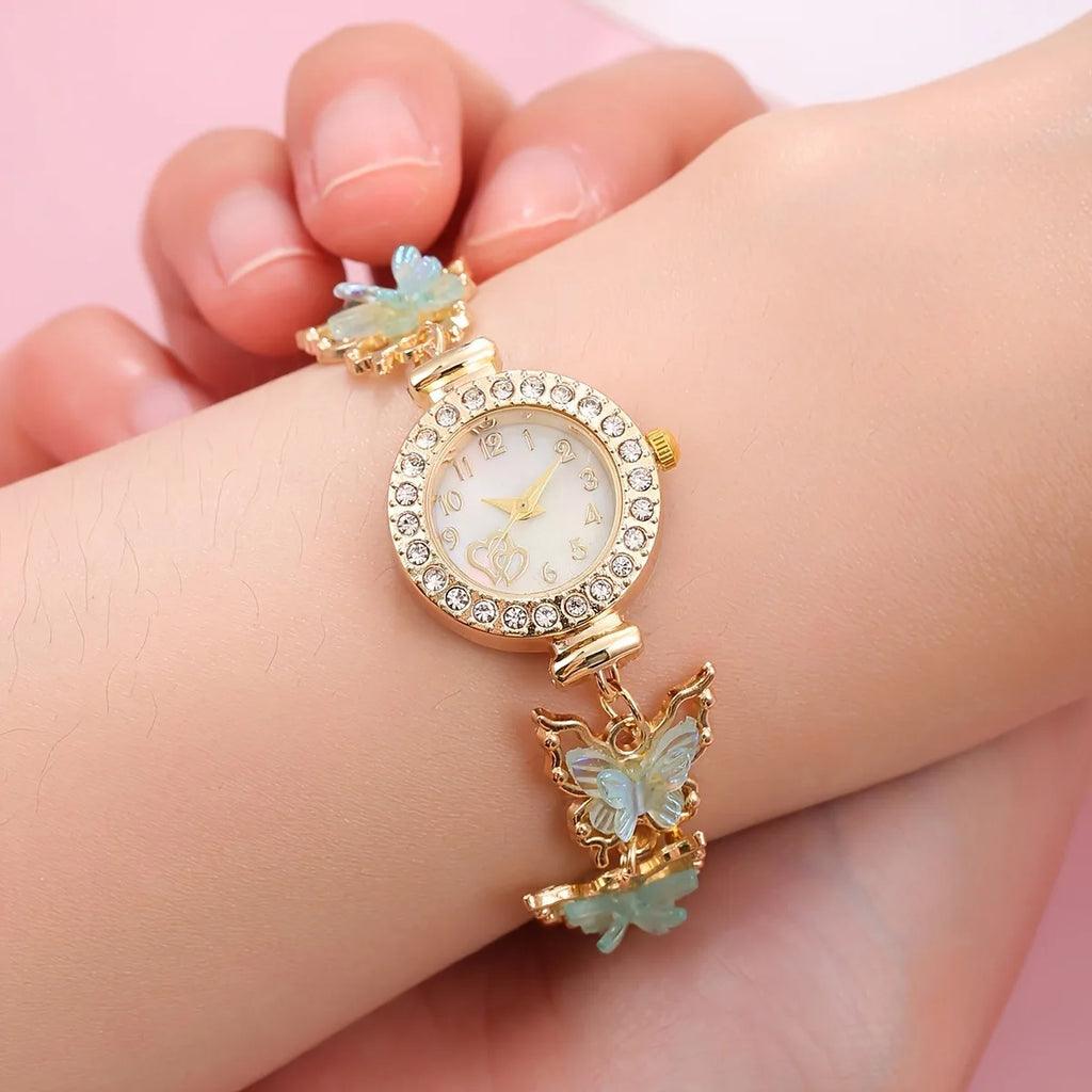 4PCS Elegant Rhinestone Women Watch Butterfly Jewelry Set Fashion Ladies Quartz Wristwatches Necklace Earrings Gift（Without Box）