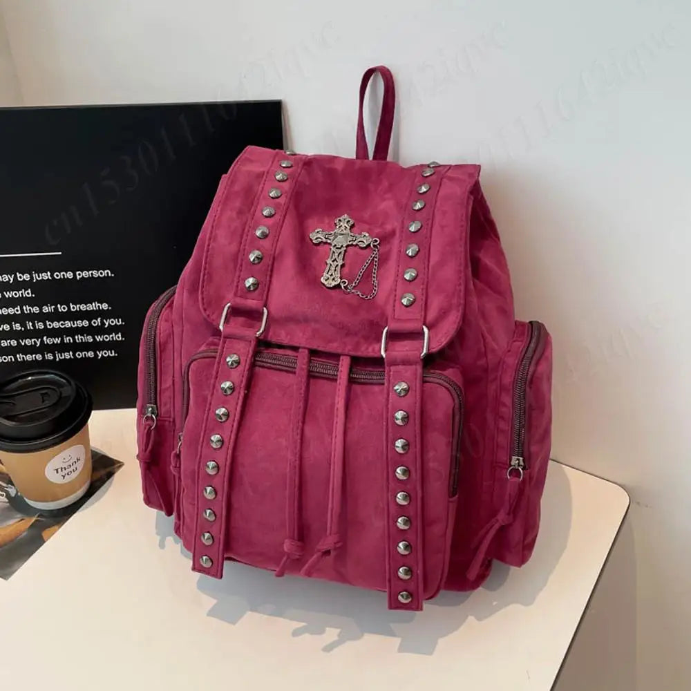 Gothic Punk Backpack Rivets Student School Bag Vintage Duffel Bag with Cross Stud Design Women Large Capacity Travel Bag