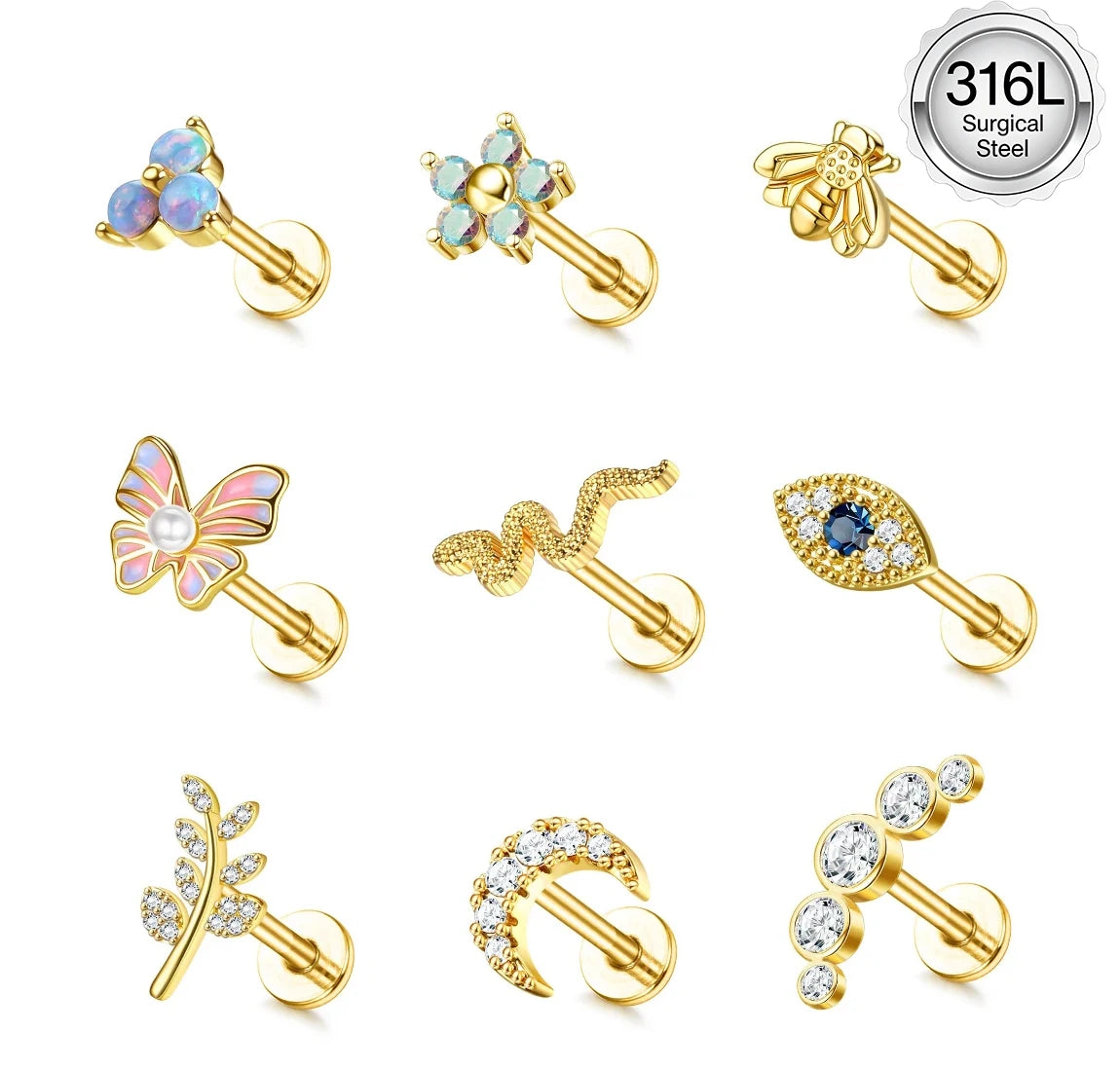Drperfect 16G Cartilage Earrings Stud for Women Stainless Steel Flat Back Butterfly Moon Flower Helix Tragus Piercing Jewelry