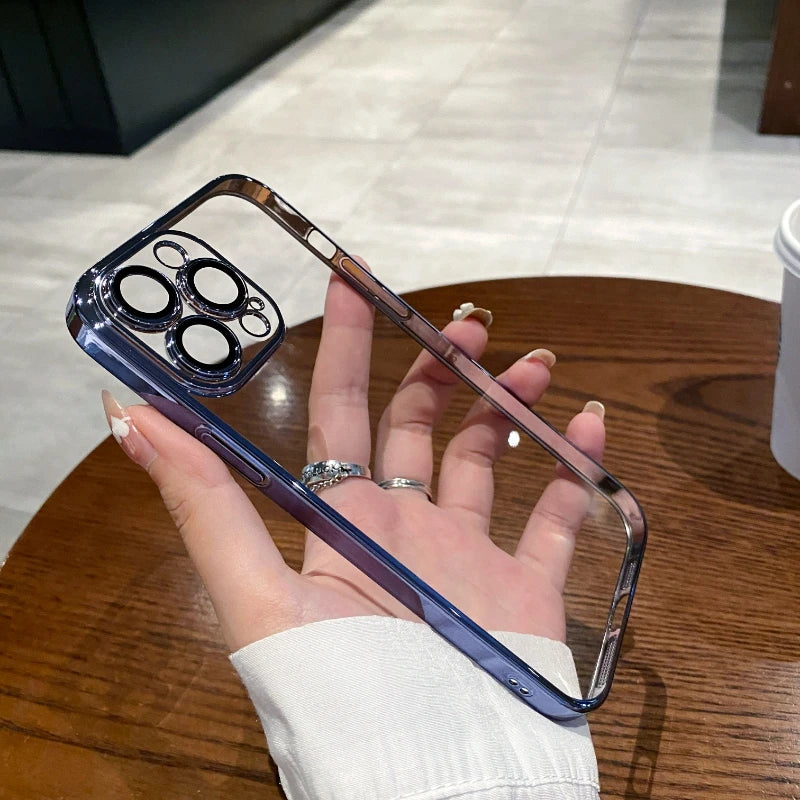 Luxury Plating Clear Silicone Phone Case For iPhone 16 17 15 14 13 12 11 Pro XR XS Max Mini Plus Lens Protection Case Back Cover
