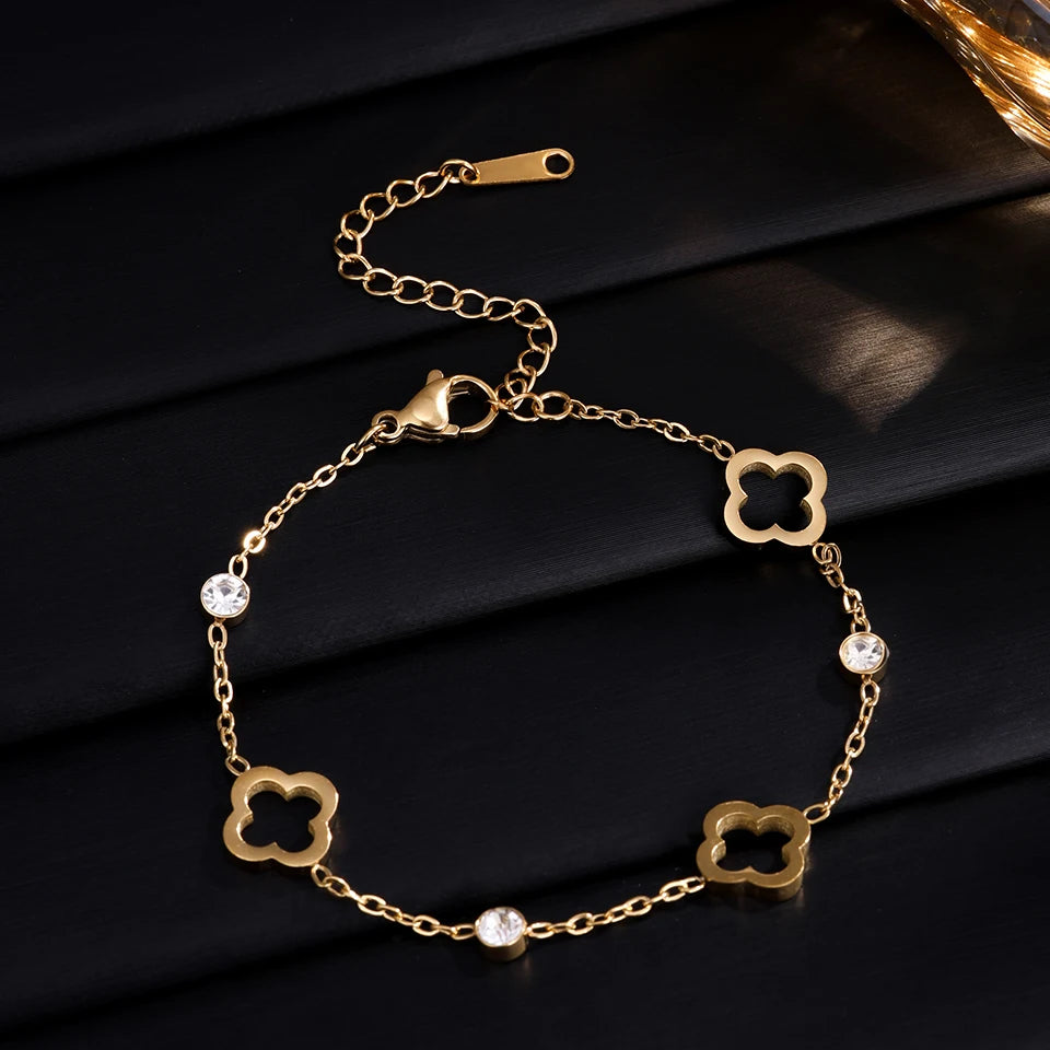 Classic Hollowed-out Four-leaf Flower Zircon Inlaid Stainless Steel Bracelet Trendy Party Clover Jewelry Gift For Women