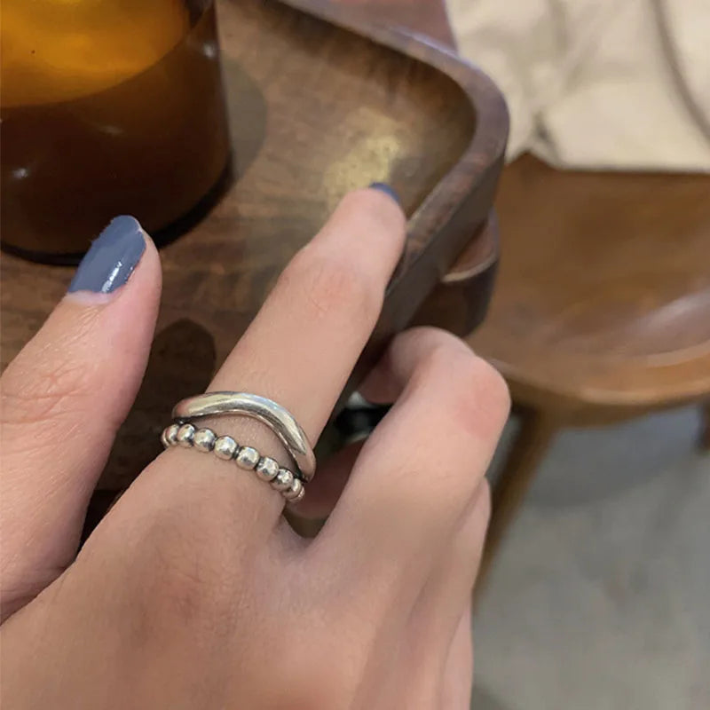 925 Silver Rings for Women Thick Wave Wide Solid Double-layer Punk Trendy Couple Female Party Birthday Gift