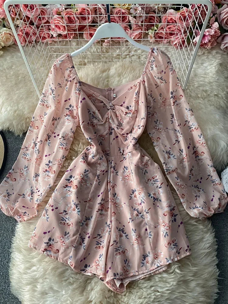 Korean New Spring Summer Women's Jumpsuit Dress V-neck Puff Sleeves Sweet Folds Slim Slimming Floral Wide-leg Shorts UK770