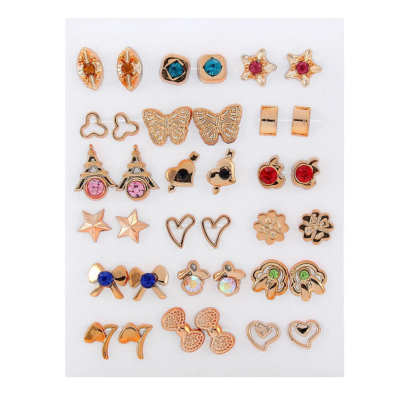 18 Pairs Colorful Rhinestone Hollow Flower Animal Mix Style Plastic Stud Earrings Set For Women Girls
