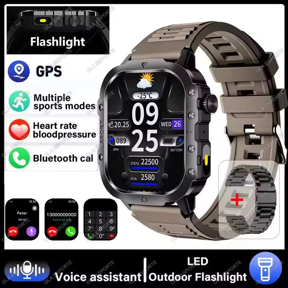 2026 New Military Outdoor Smart Watch Men's GPS Flashlight Bluetooth Call 2.01" AMOLED Screen 3ATM Waterproof Sports Smartwatch