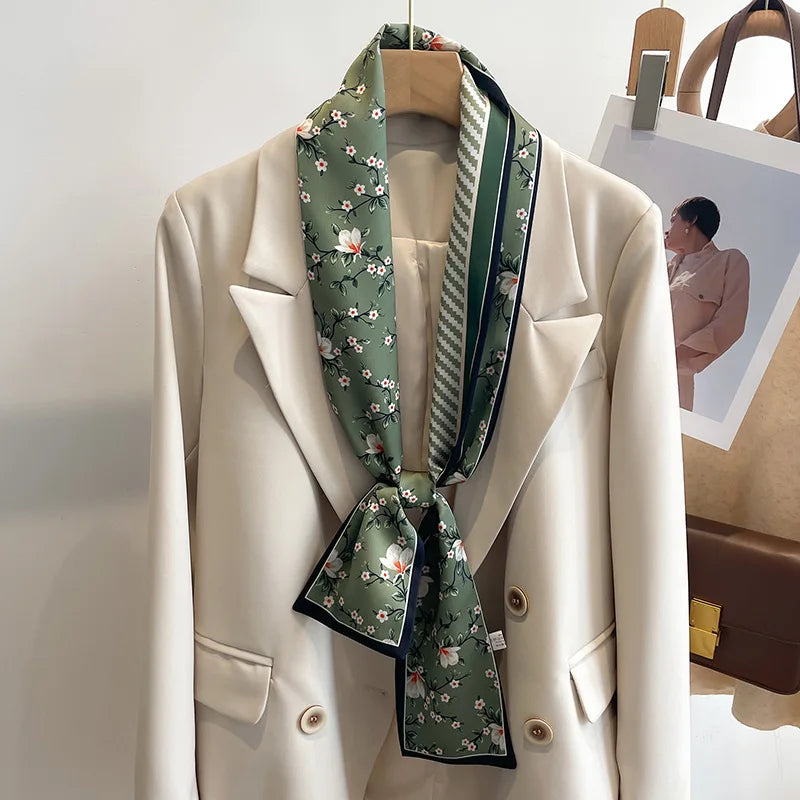 Floral Print 12*145cm Long Ribbon Silk Scarf Women Neck Scarves Headband Female Skinny Neckerchief Hair Band Neck Tie Bag Ribbon