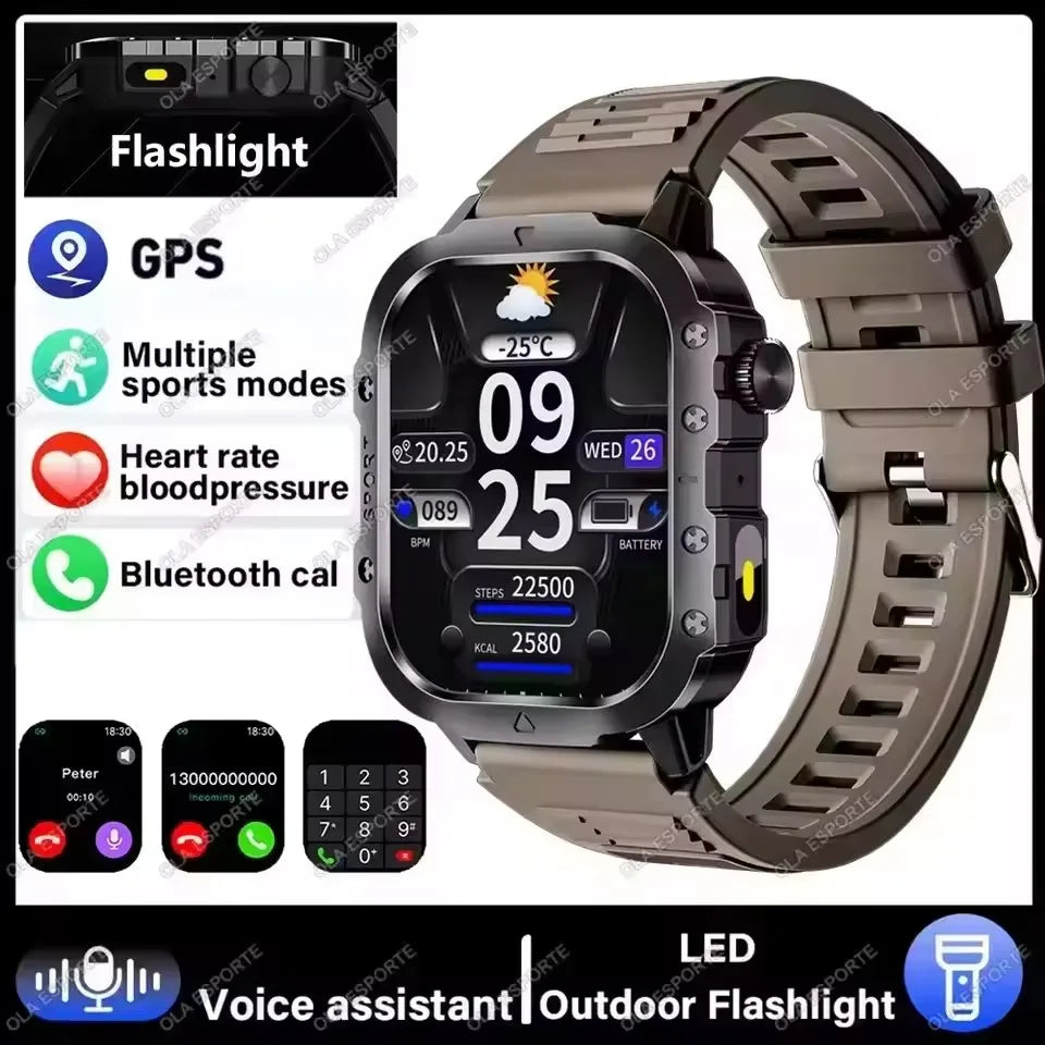 2026 New Military Outdoor Smart Watch Men's GPS Flashlight Bluetooth Call 2.01" AMOLED Screen 3ATM Waterproof Sports Smartwatch