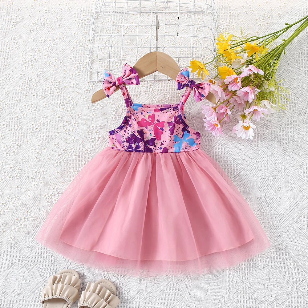 Summer Baby Girl Dress With Cute Floral Print Suspender, Sweet Princess Chiffon Dress For Girls