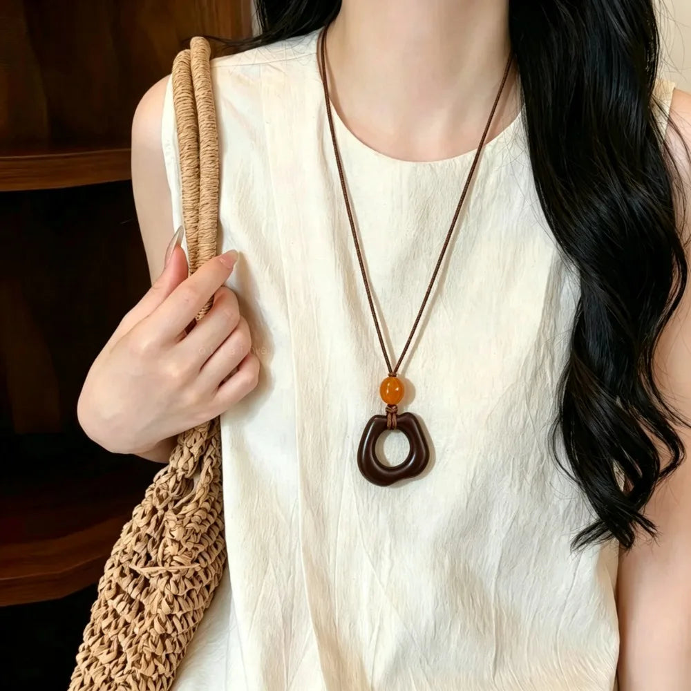 Playful Dopamine Colorful Heart Rice Bead Necklace for Women Trendy Charm Circular Resin Long Pendant Daily Wear Jewelry