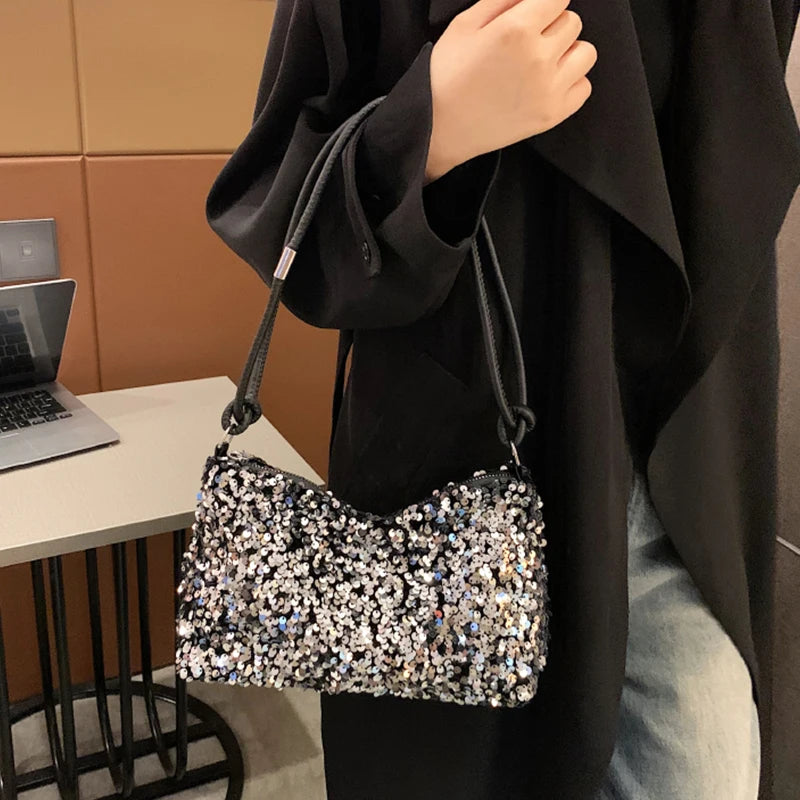 Daily Trendy V-neck Sequins Mini Underarm Bag Soft Lining, Simple Party Handbag for Women Street Matching Night Events