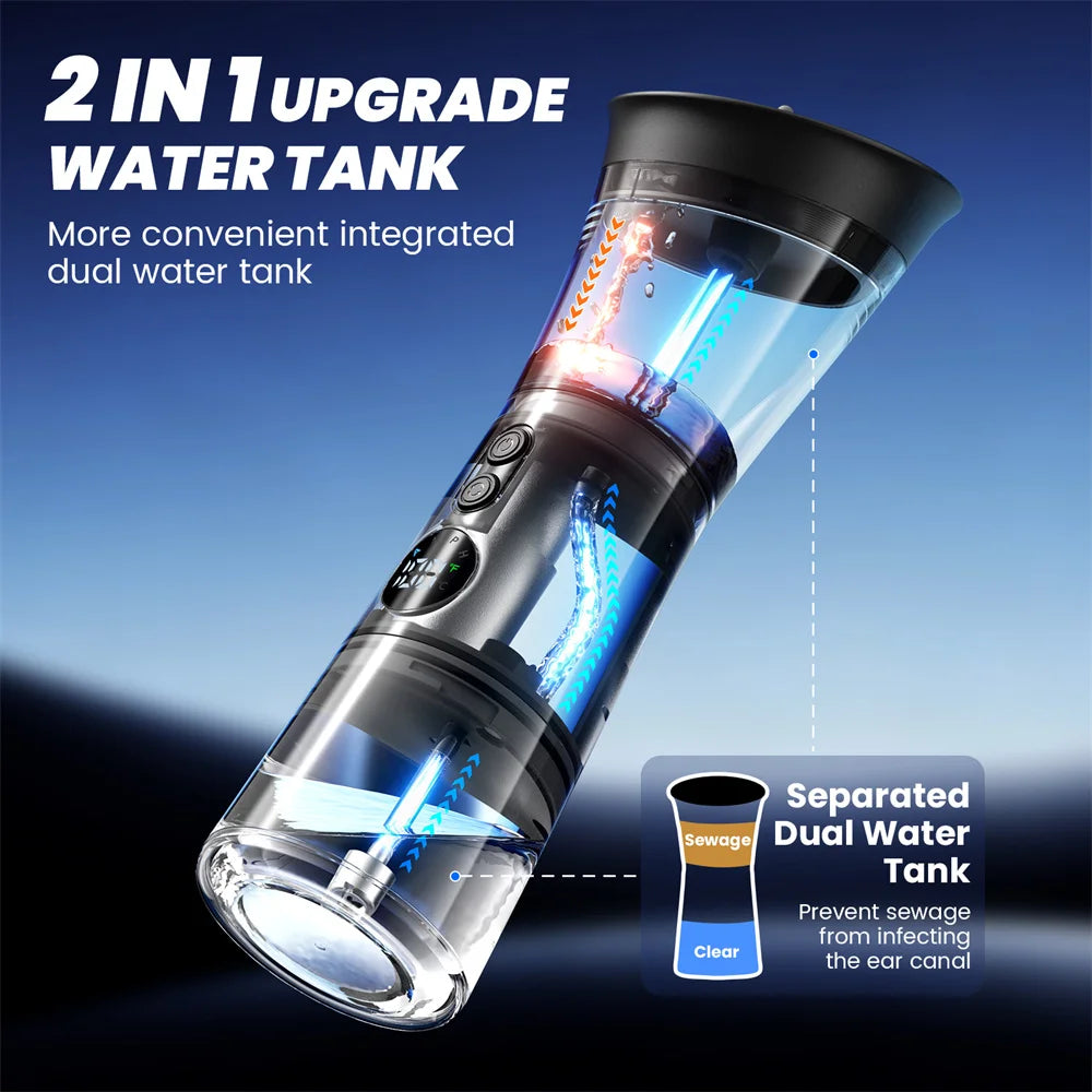 2 In 1 Dual Water Tank Electric Ear Wax Remover Safe Temp Sensor 4 Pressure Modes 2000mAh Battery Ear Washer with Multi Hole