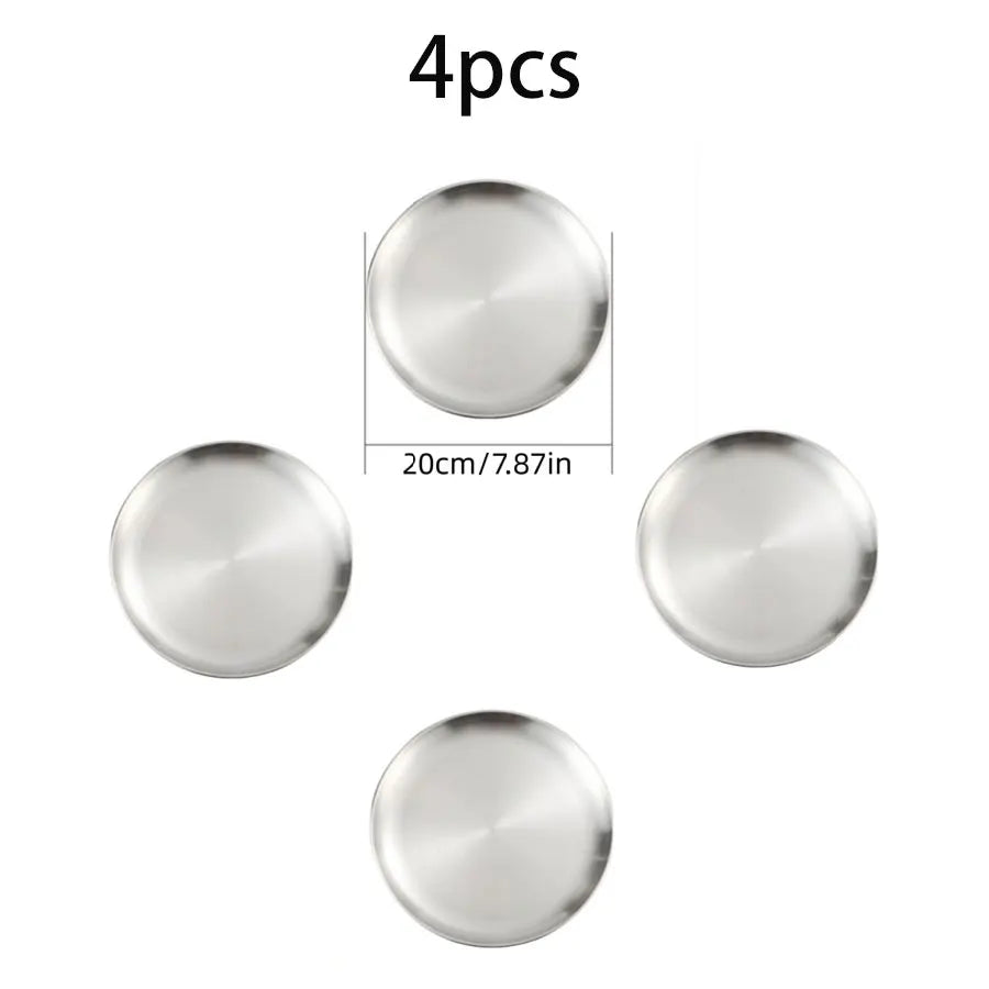 4pcs Stainless Steel Silver Plates, Korean Style Grilled Meat Plates, Household Circular Trays, Bone Plates, Cake Plates