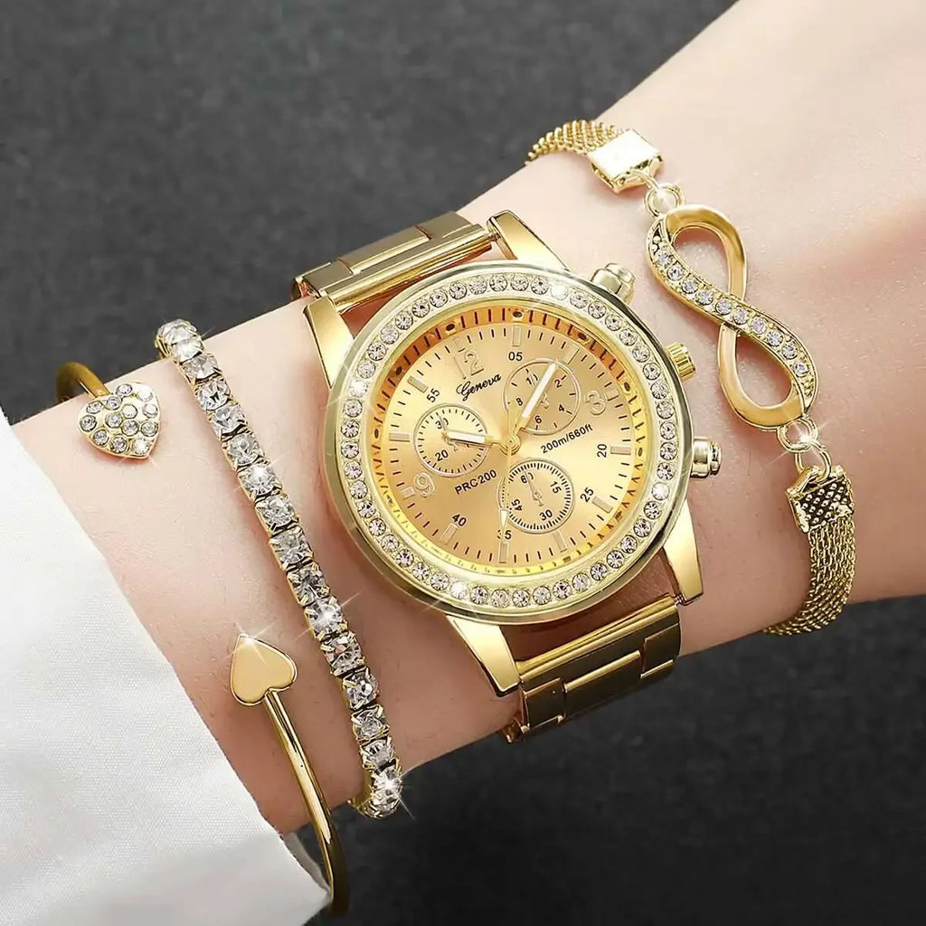 4PCS/Set Fashion Rhinestone Women Watches Luxury Steel Band Ladies Quartz Watch Bracelets Set Reloj Mujer（Without Box）