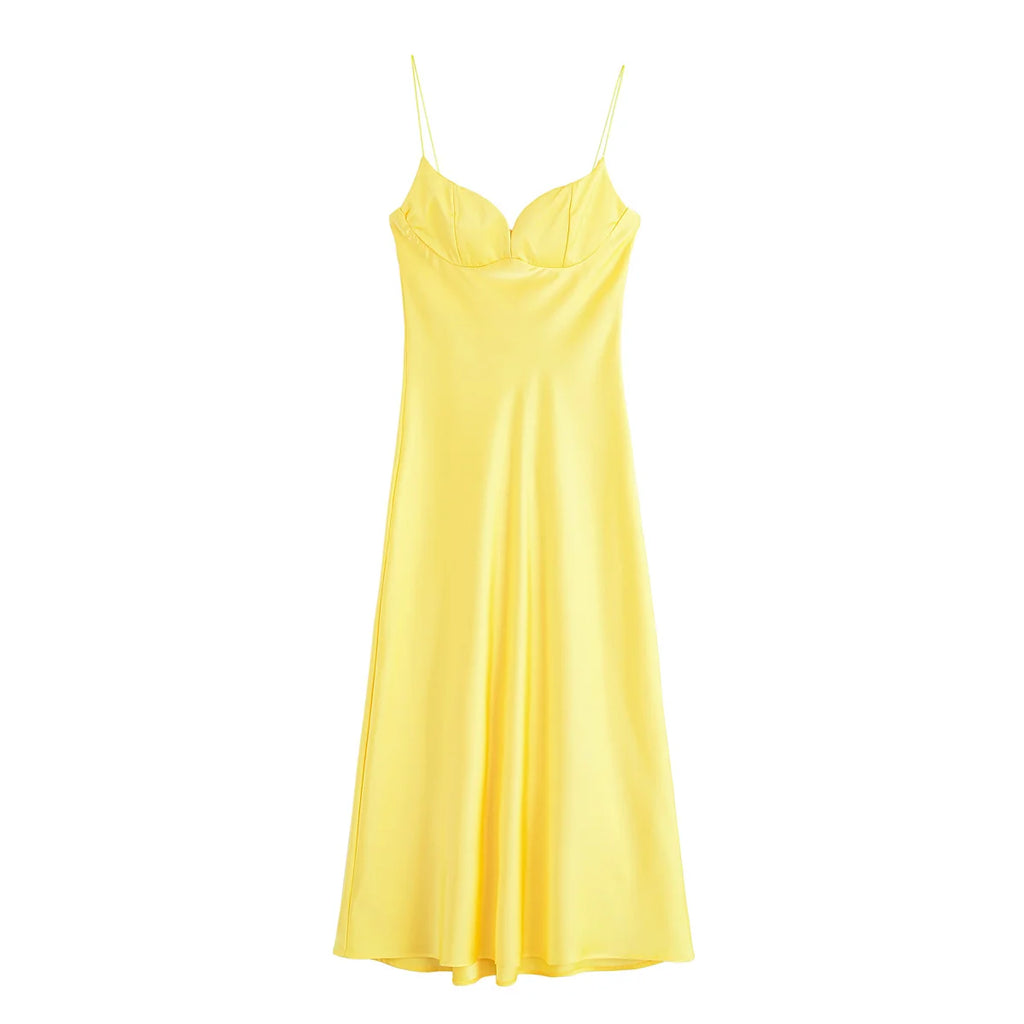 HH 2025 Women Red V-Neck Holiday Style Satin Texture Long Dress Sleeveless Summer Women's Back Zipper Fashion Sling Dresses