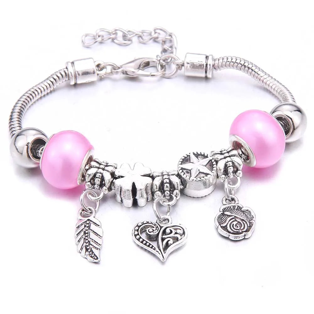 Pink Charm Bangle Lobster Buckle Snake Chain Beaded Bangles For Women Summer Romantic Gift Fashion Butterfly Bracelet Jewelry