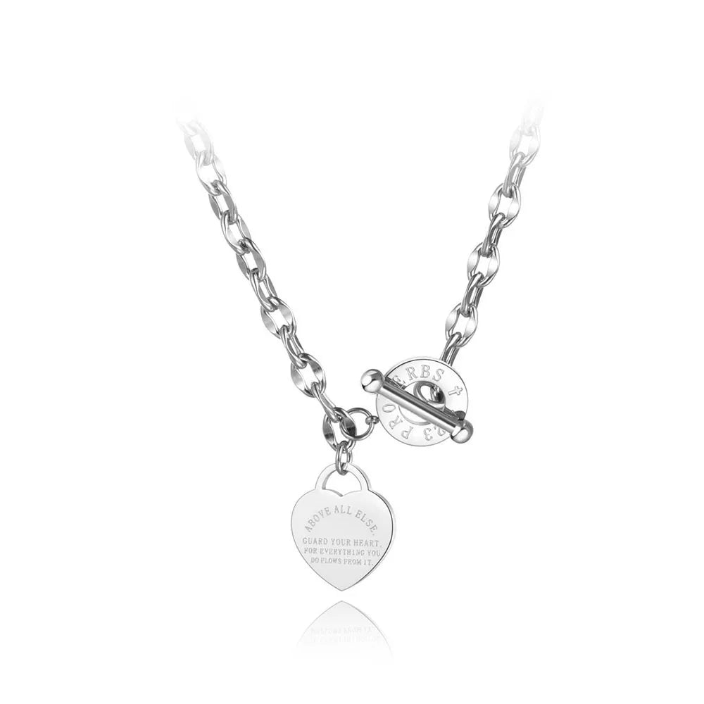 Lokaer Titanium Stainless Steel Heart Charm Pendant Necklaces Jewelry Classic Love Bible Proverbs 4:23 O-Chain Necklace N19085