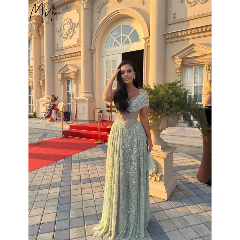 Mila Customized Sage Green A-line Beaded One Shoulder Prom Dress Elegant Pleats Formal Evening Floor-Length Vestidos De Fiesta