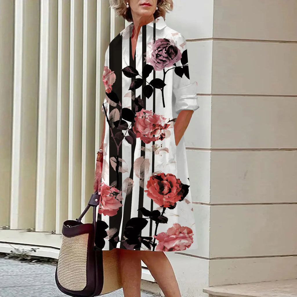 Summer New Women's Dresses Crushed Floral Long Sleeve Lapel Midi Luxury Women's Street Women's Shirt Pocket Temperament 2023