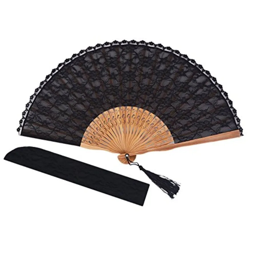 Chinese/Japanese Vintage Retro Style Bamboo Wood Silk Folding Hand Fan for Women 23cm with Tassel Pendant and Silk Pouch