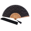 Chinese/Japanese Vintage Retro Style Bamboo Wood Silk Folding Hand Fan for Women 23cm with Tassel Pendant and Silk Pouch