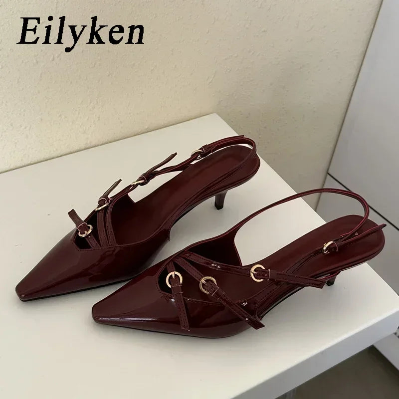 Eilyken Designer Narrow Band Buckle Strap Pumps Women Sexy Pointed Toe Low Thin Heels Wedding Banquet Dress Mule Ladies Shoes