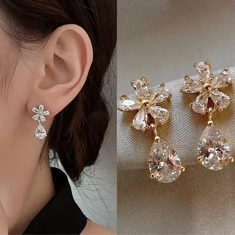 2PCS Fashion Luxury Zircon Starfish Shell Women's Earrings, Simple Flower Leaf Lmitation Pearl Earrings Party Wedding Jewelry