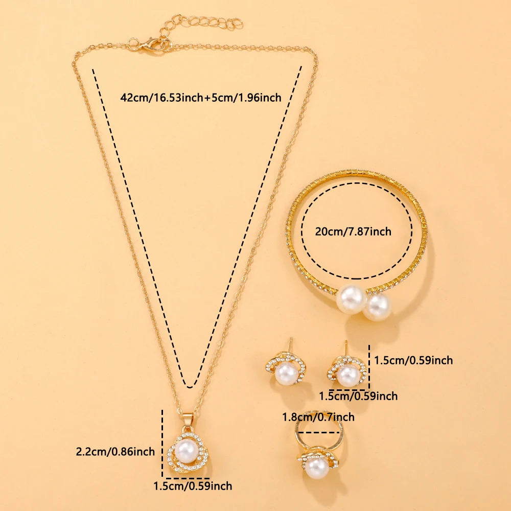 5pcs Temperament Simple Chain Imitation Pearl Pendant Necklace Earring Bracelet Ring, Wedding Travel Jewelry Set Accessory Gift