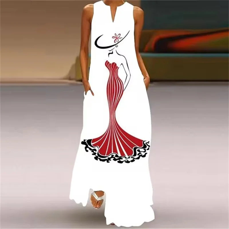 Summer Outdoor Street Fashion Women's Long Dress New Abstract Art Print Dress Sleeveless Vest V-Neck Fashion Women's Party Dress