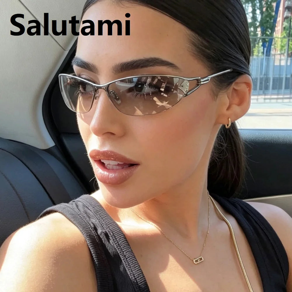 New Silver Y2K Metal Cat Eye Sunglasses Women Fashion Half Frame Clear Gradient Shades UV400 Men Trending Sun Glasses Uv400