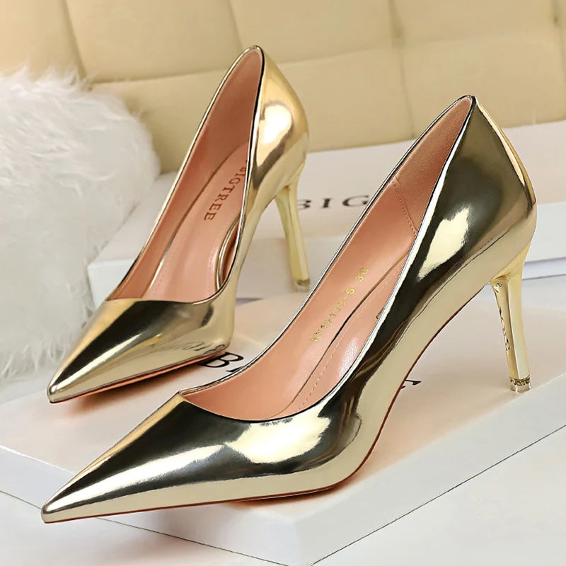 Women Mteallic Patent Bronze Leather Pumps 7.5cm 10.5cm High Heels Lady Stiletto Middle Low Heels Wedding Bridal Silver Shoes