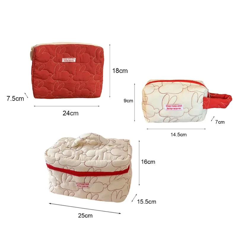 Cute Women Portable Rabbit Quilted Cotton Cosmetic Bag Handbag Lady Tote Makeup Pouch Travel Organizer Storage Bags With Zipper