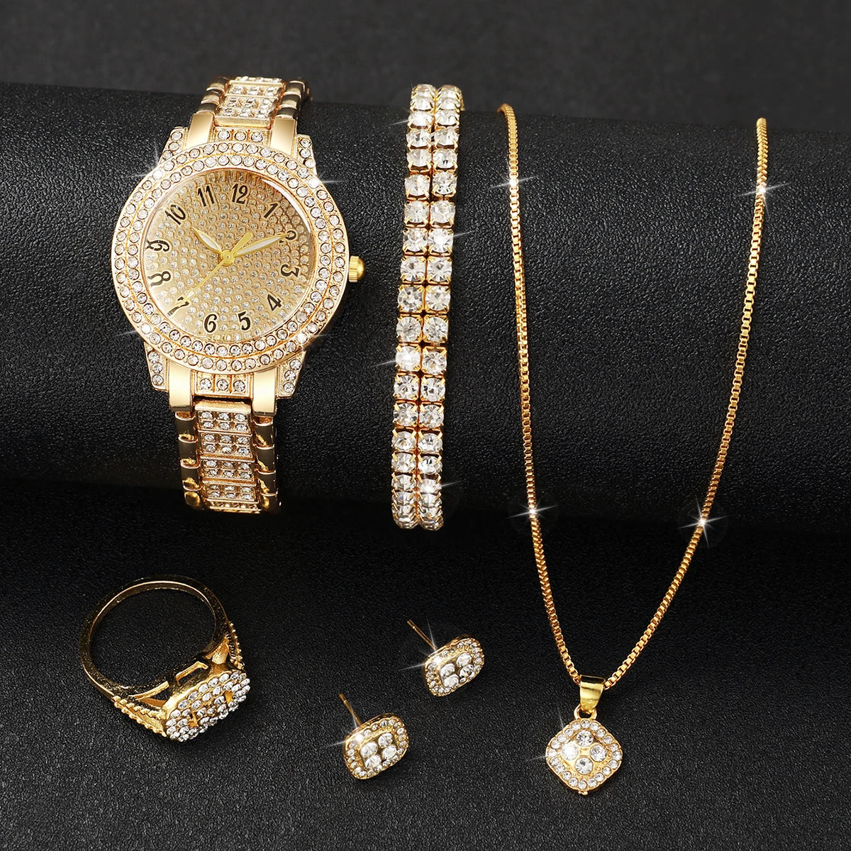 6PCS Fashion Full Diamond Women's Watch Gold Steel Band Analog Quartz Watches Jewelry Set（Without Box）